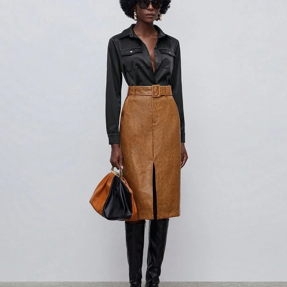 Brown Preppy Womens Split Hem Belted PU Leather Skirt - Picture 1 of 5